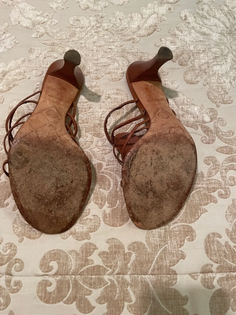 CHANEL Brown Leather Strappy Slide Heels with Decorative Buttons